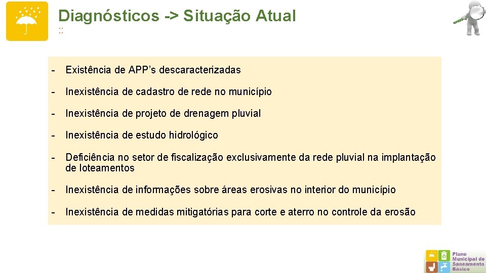 Diagnósticos -> Situação Atual : : - Existência de APP’s descaracterizadas - Inexistência de