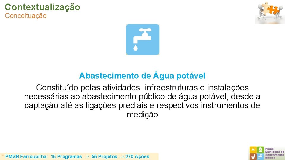 Contextualização Conceituação Abastecimento de Água potável Constituído pelas atividades, infraestruturas e instalações necessárias ao