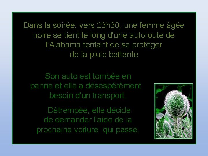 Dans la soirée, vers 23 h 30, une femme âgée noire se tient le Dans la soirée, vers 23 h 30, une femme âgée noire se tient le