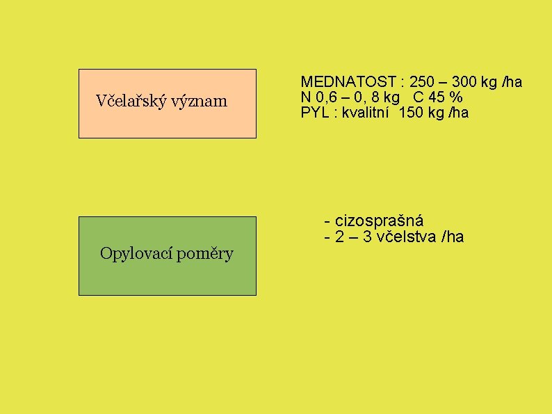 Včelařský význam Opylovací poměry MEDNATOST : 250 – 300 kg /ha N 0, 6