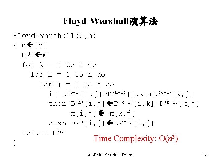 Floyd-Warshall演算法 Floyd-Warshall(G, W) { n |V| D(0) W for k = 1 to n Floyd-Warshall演算法 Floyd-Warshall(G, W) { n |V| D(0) W for k = 1 to n