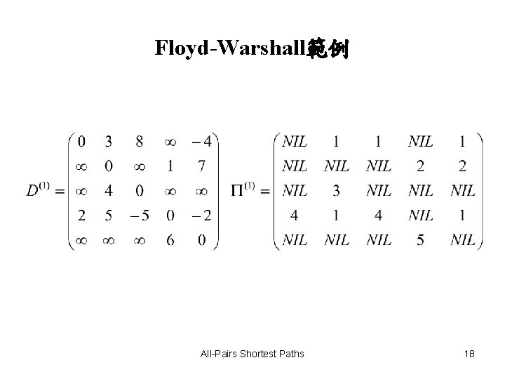 Floyd-Warshall範例 All-Pairs Shortest Paths 18 Floyd-Warshall範例 All-Pairs Shortest Paths 18