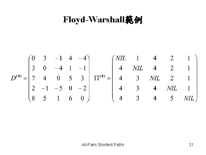 Floyd-Warshall範例 All-Pairs Shortest Paths 21 Floyd-Warshall範例 All-Pairs Shortest Paths 21