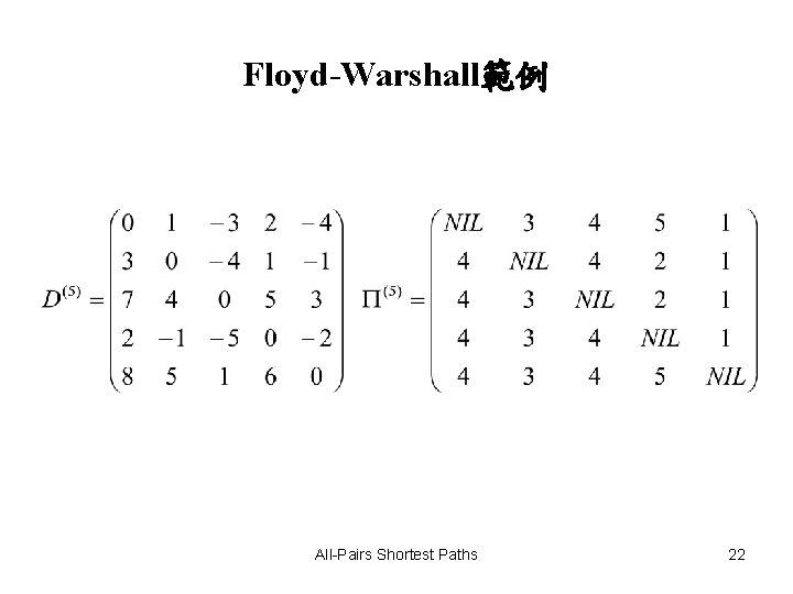 Floyd-Warshall範例 All-Pairs Shortest Paths 22 Floyd-Warshall範例 All-Pairs Shortest Paths 22