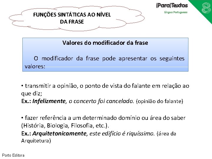 FUNÇÕES SINTÁTICAS AO NÍVEL DA FRASE Valores do modificador da frase O modificador da