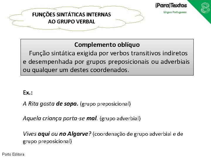 FUNÇÕES SINTÁTICAS INTERNAS AO GRUPO VERBAL Complemento oblíquo Função sintática exigida por verbos transitivos