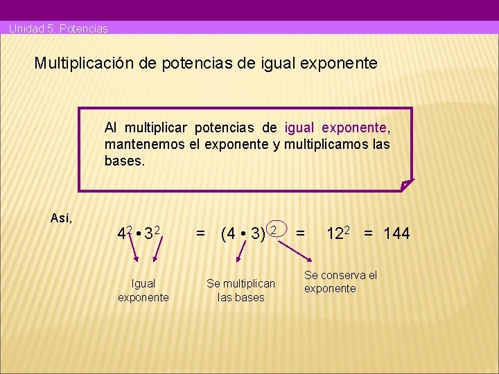 Unidad 5: Potencias Multiplicación de potencias de igual exponente Al multiplicar potencias de igual