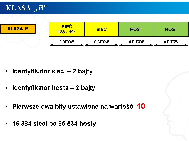 KLASA „B” • Identyfikator sieci – 2 bajty • Identyfikator hosta – 2 bajty