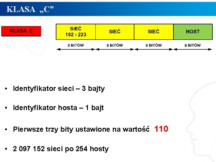 KLASA „C” • Identyfikator sieci – 3 bajty • Identyfikator hosta – 1 bajt