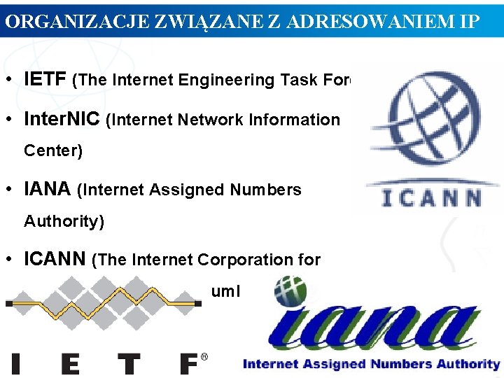ORGANIZACJE ZWIĄZANE Z ADRESOWANIEM IP • IETF (The Internet Engineering Task Force) • Inter.