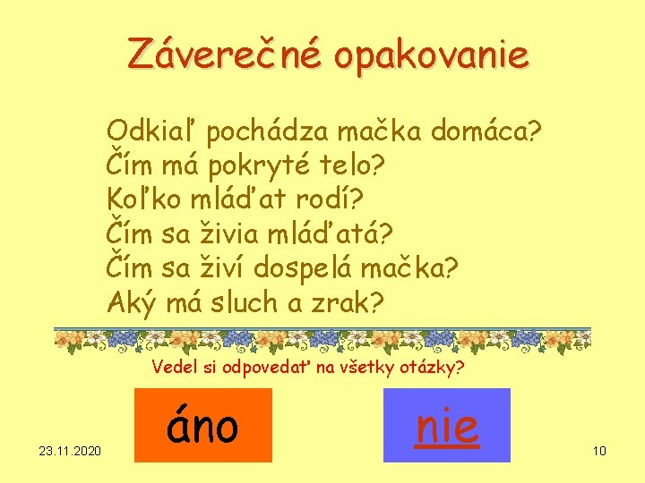 Záverečné opakovanie Odkiaľ pochádza mačka domáca? Čím má pokryté telo? Koľko mláďat rodí? Čím