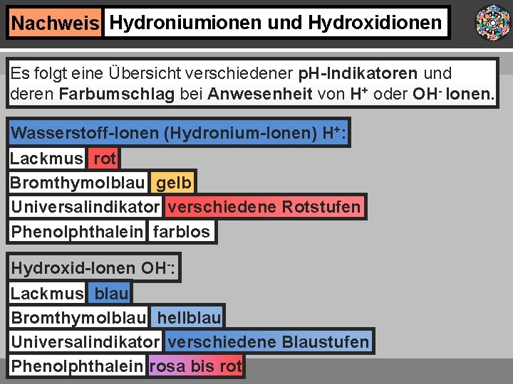 Nachweis Hydroniumionen und Hydroxidionen Es folgt eine Übersicht verschiedener p. H-Indikatoren und deren Farbumschlag