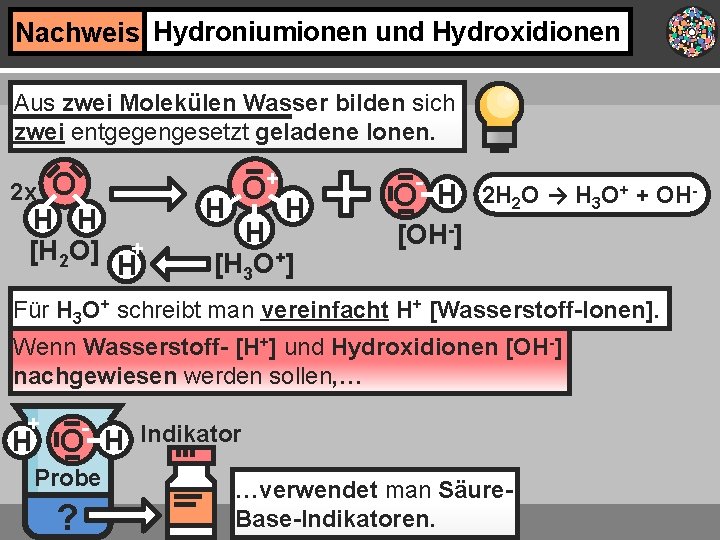 Nachweis Hydroniumionen und Hydroxidionen Aus zwei Molekülen Wasser bilden sich zwei entgegengesetzt geladene Ionen.