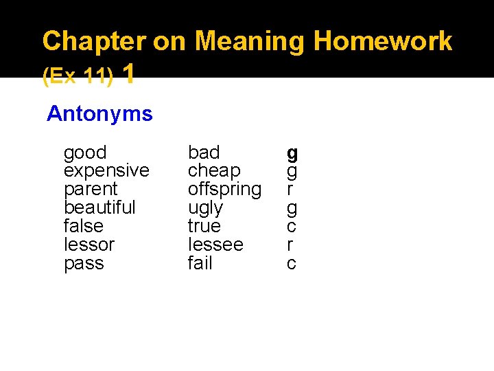 Chapter on Meaning Homework (Ex 11) 1 Antonyms good expensive parent beautiful false lessor Chapter on Meaning Homework (Ex 11) 1 Antonyms good expensive parent beautiful false lessor