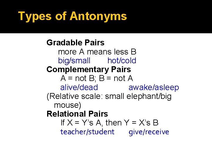Types of Antonyms Gradable Pairs more A means less B big/small hot/cold Complementary Pairs Types of Antonyms Gradable Pairs more A means less B big/small hot/cold Complementary Pairs
