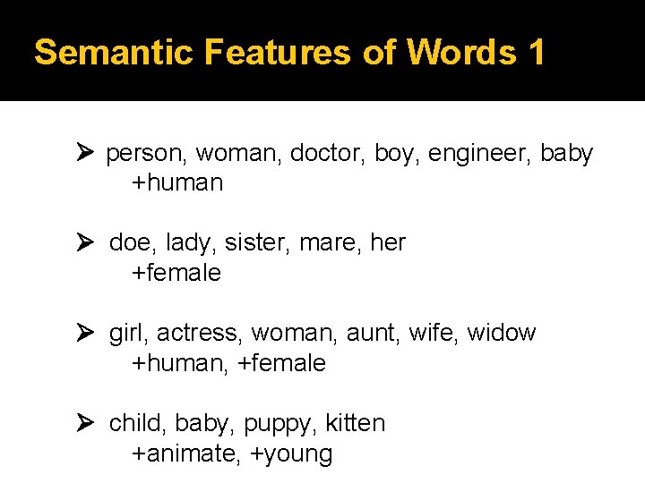 Semantic Features of Words 1 person, woman, doctor, boy, engineer, baby +human doe, lady, Semantic Features of Words 1 person, woman, doctor, boy, engineer, baby +human doe, lady,