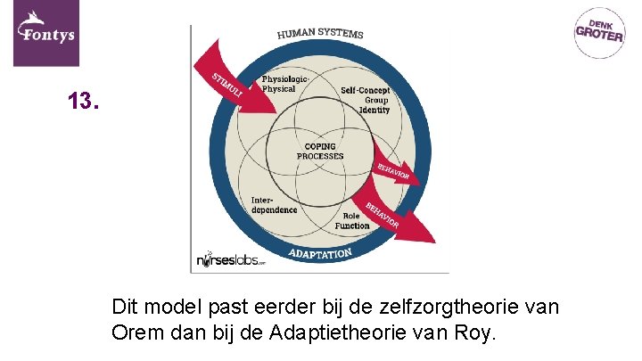 13. Dit model past eerder bij de zelfzorgtheorie van Orem dan bij de Adaptietheorie 13. Dit model past eerder bij de zelfzorgtheorie van Orem dan bij de Adaptietheorie