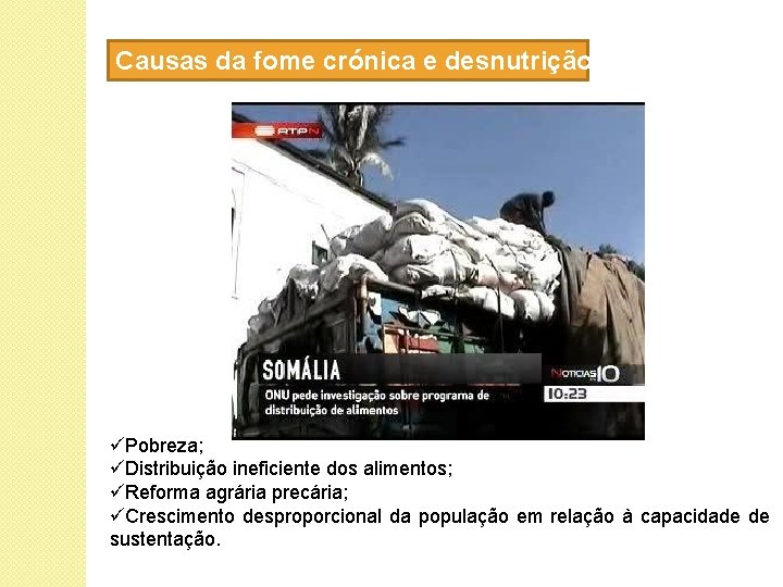 Causas da fome crónica e desnutrição üPobreza; üDistribuição ineficiente dos alimentos; üReforma agrária precária;