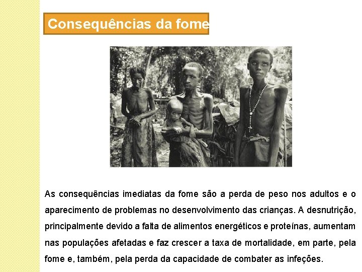 Consequências da fome As consequências imediatas da fome são a perda de peso nos
