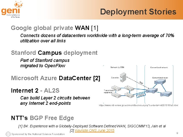 Deployment Stories Google global private WAN [1] Connects dozens of datacenters worldwide with a