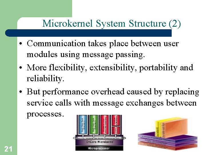 Microkernel System Structure (2) • Communication takes place between user modules using message passing.