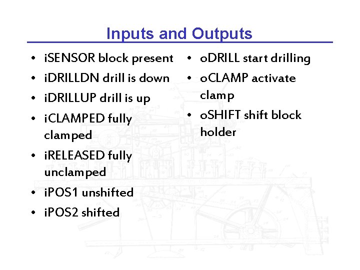 Inputs and Outputs • • i. SENSOR block present • o. DRILL start drilling