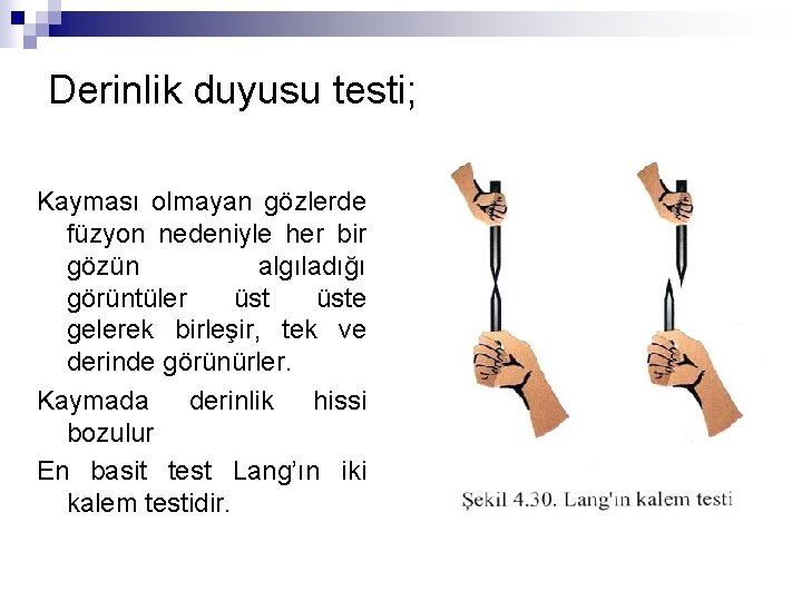 Derinlik duyusu testi; Kayması olmayan gözlerde füzyon nedeniyle her bir gözün algıladığı görüntüler üste