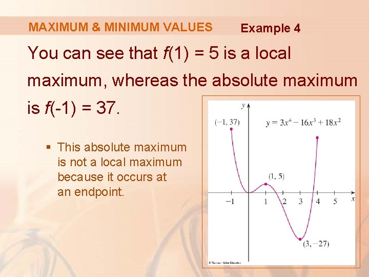 MAXIMUM & MINIMUM VALUES Example 4 You can see that f(1) = 5 is