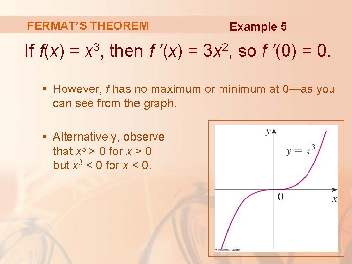 FERMAT’S THEOREM Example 5 If f(x) = x 3, then f ’(x) = 3