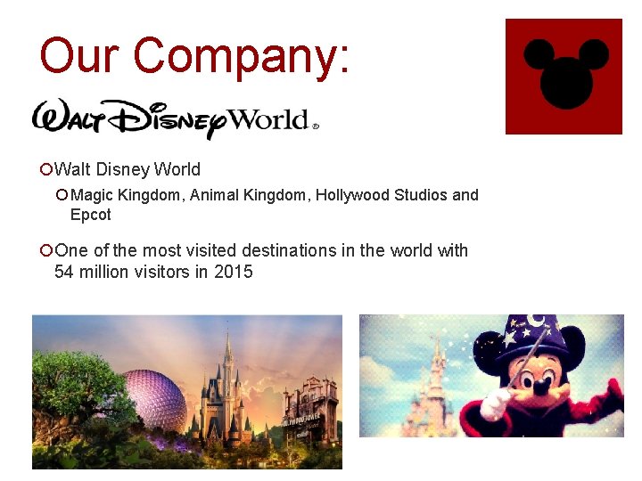 Our Company: ¡Walt Disney World ¡ Magic Kingdom, Animal Kingdom, Hollywood Studios and Epcot
