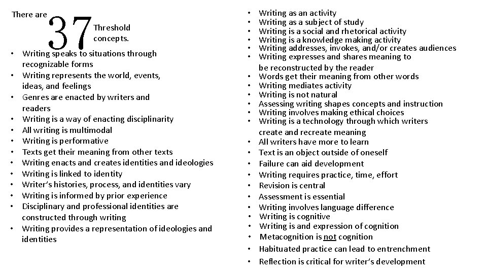 37 There are Threshold concepts. • Writing speaks to situations through recognizable forms •