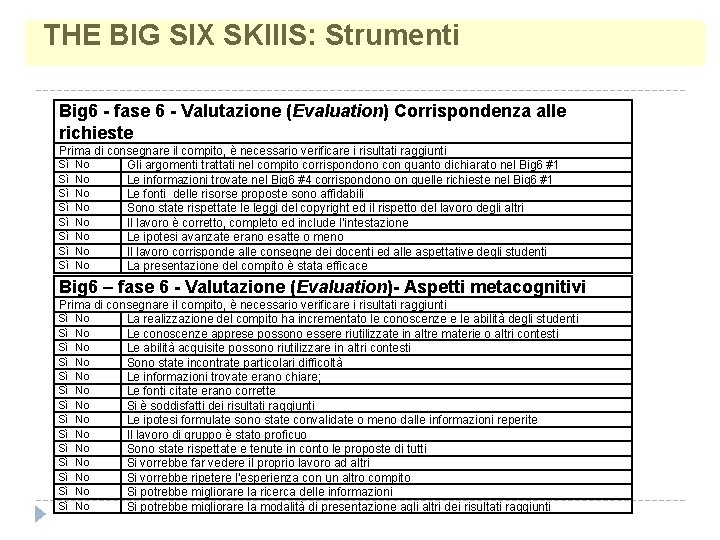 THE BIG SIX SKIll. S: Strumenti Big 6 - fase 6 - Valutazione (Evaluation) THE BIG SIX SKIll. S: Strumenti Big 6 - fase 6 - Valutazione (Evaluation)