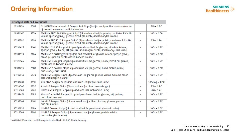 Ordering Information Maria Peluso-Lapsley | CDM Marketing 45 Unrestricted © Siemens Healthcare Diagnostics Inc.