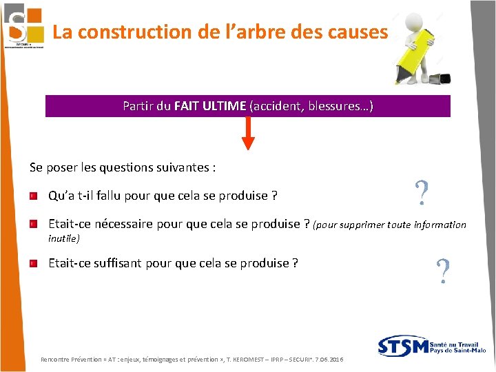 La construction de l’arbre des causes Partir du FAIT ULTIME (accident, blessures…) Se poser