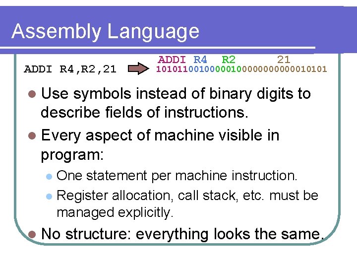 Assembly Language ADDI R 4, R 2, 21 ADDI R 4 R 2 21