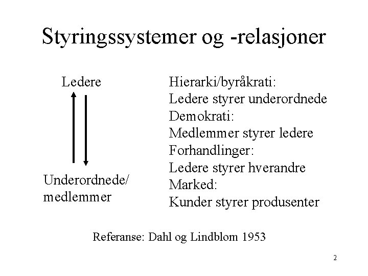 Styringssystemer og -relasjoner Ledere Underordnede/ medlemmer Hierarki/byråkrati: Ledere styrer underordnede Demokrati: Medlemmer styrer ledere