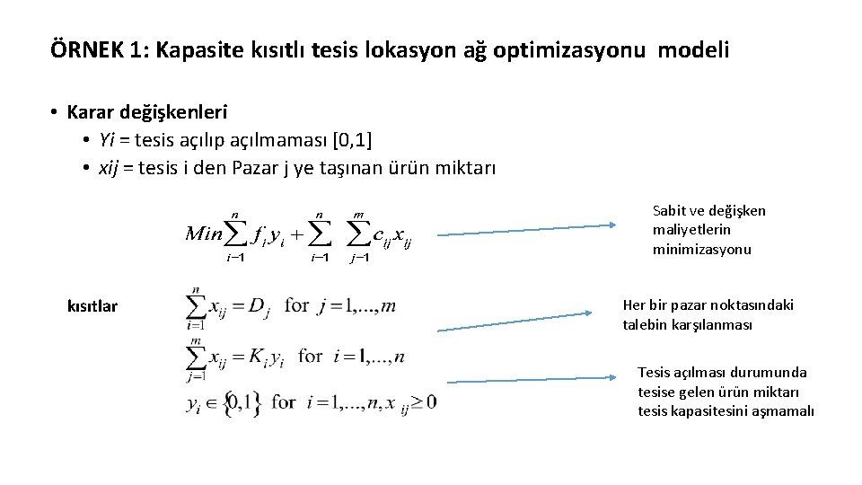 ÖRNEK 1: Kapasite kısıtlı tesis lokasyon ağ optimizasyonu modeli • Karar değişkenleri • Yi ÖRNEK 1: Kapasite kısıtlı tesis lokasyon ağ optimizasyonu modeli • Karar değişkenleri • Yi