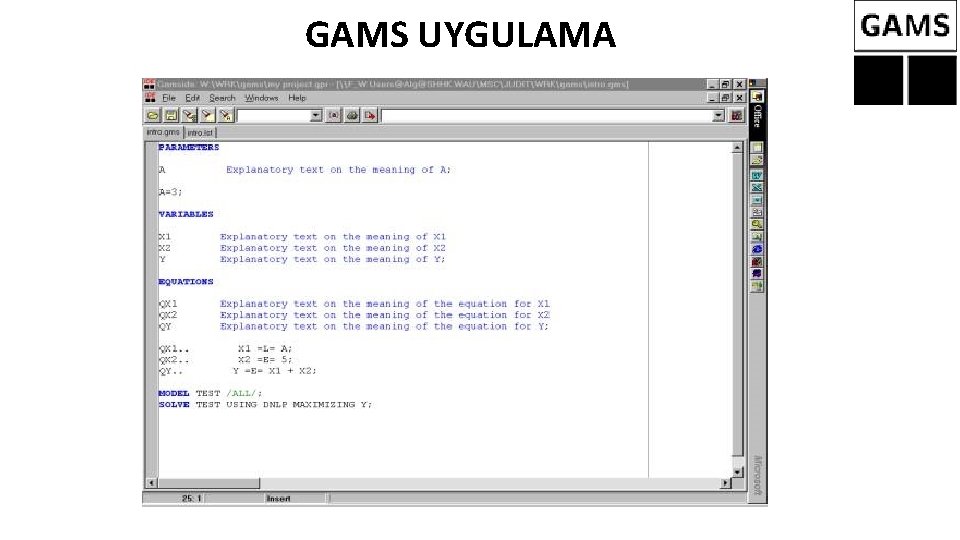 GAMS UYGULAMA GAMS UYGULAMA
