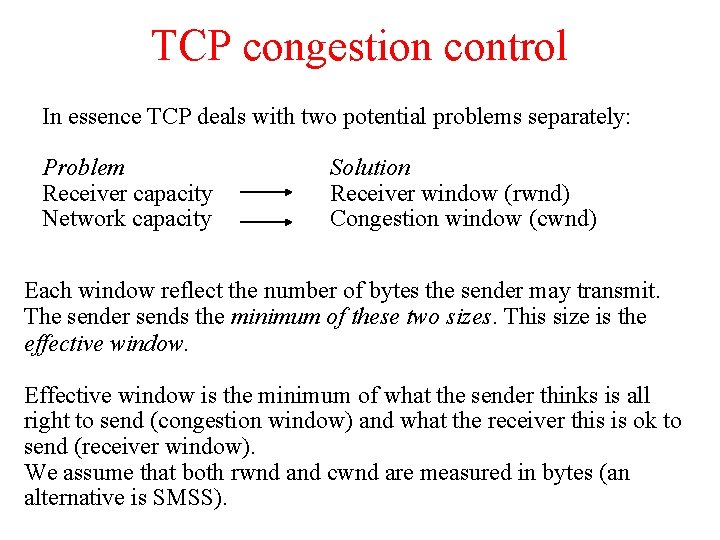 TCP congestion control In essence TCP deals with two potential problems separately: Problem Receiver