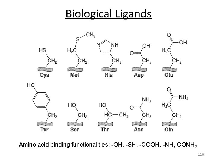 Biological Ligands Amino acid binding functionalities: -OH, -SH, -COOH, -NH, CONH 2 110 