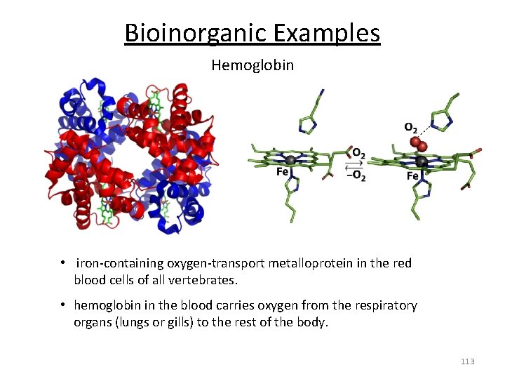 Bioinorganic Examples Hemoglobin • iron‐containing oxygen‐transport metalloprotein in the red blood cells of all