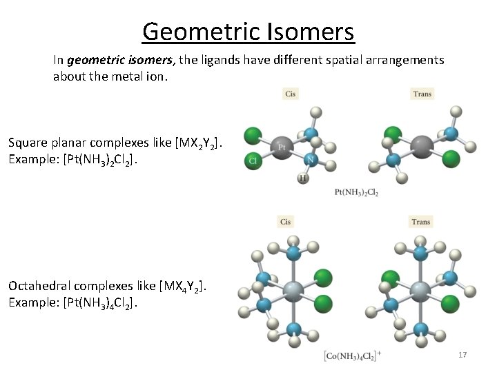 Geometric Isomers In geometric isomers, the ligands have different spatial arrangements about the metal