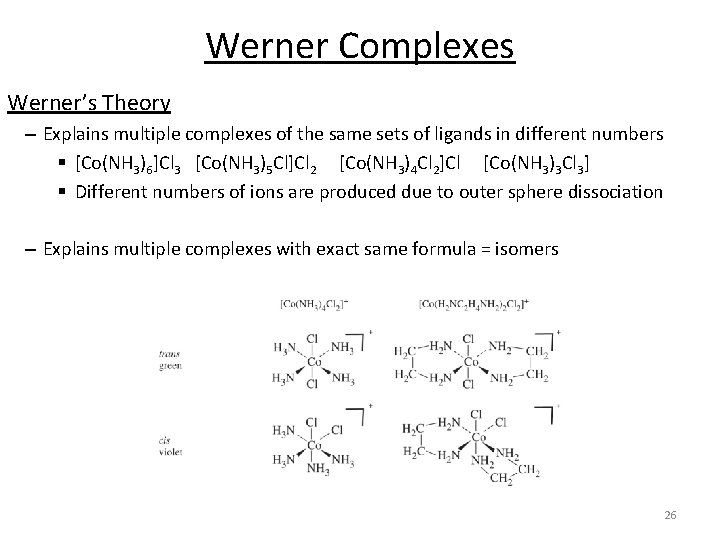 Werner Complexes Werner’s Theory – Explains multiple complexes of the same sets of ligands