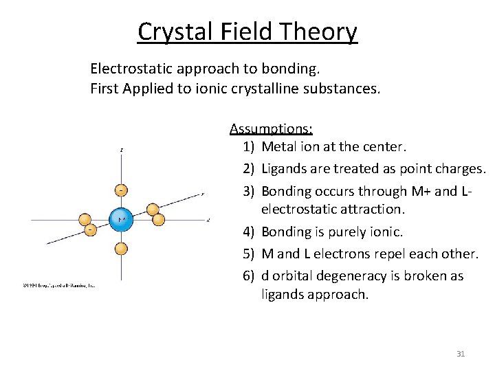 Crystal Field Theory Electrostatic approach to bonding. First Applied to ionic crystalline substances. Assumptions: