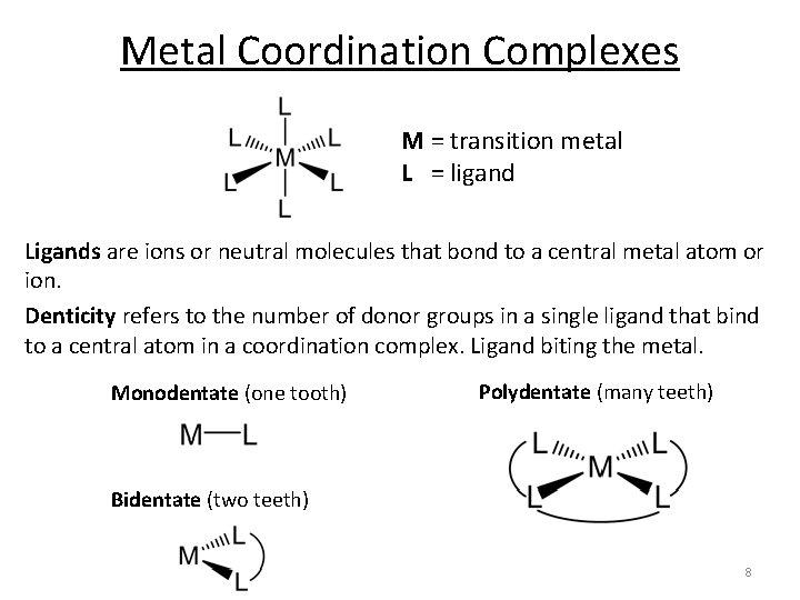Metal Coordination Complexes M = transition metal L = ligand Ligands are ions or