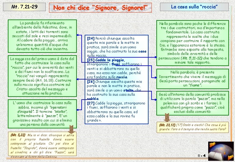 Mt. 7, 21 -29 Non chi dice “Signore, Signore!” La parabola fa riferimento all’ambiente