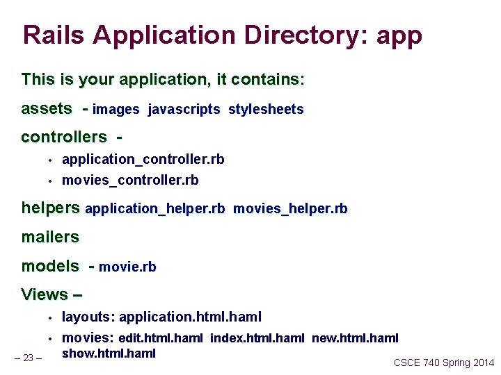 Rails Application Directory: app This is your application, it contains: assets - images javascripts
