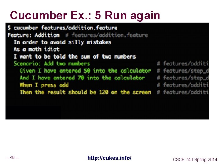 Cucumber Ex. : 5 Run again – 48 – http: //cukes. info/ CSCE 740