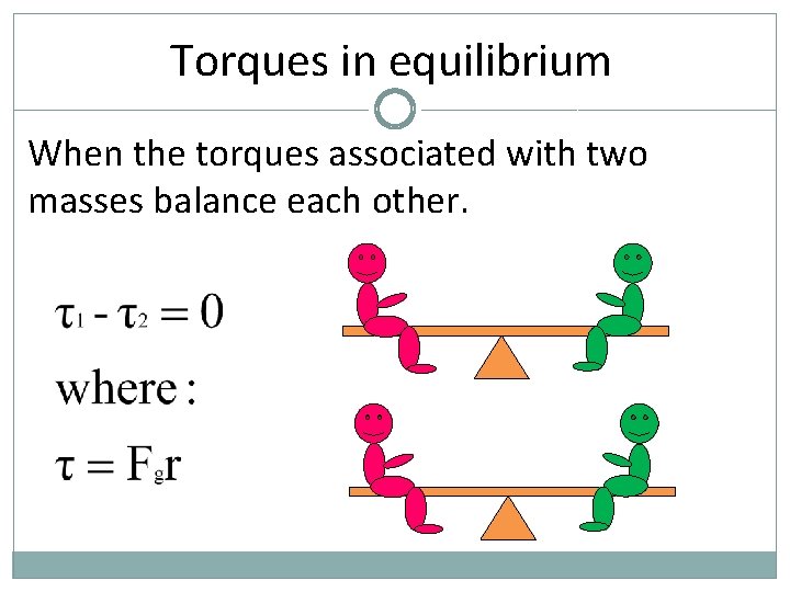 Torques in equilibrium When the torques associated with two masses balance each other. 