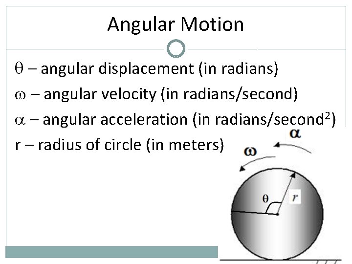 Angular Motion – angular displacement (in radians) – angular velocity (in radians/second) – angular